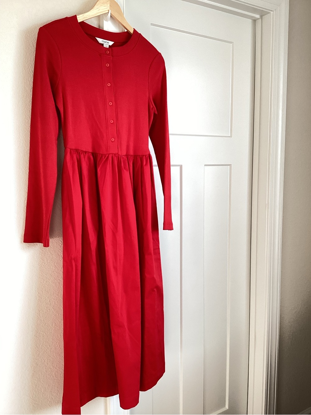 Anthropologie Long Sleeve Dress Crew Neck Twofer Button Front Midi New Small Red - Picture 5 of 12